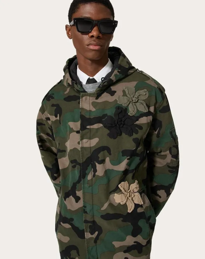 Valentino Outerwear Man Cotton Caban With Hood And Embroidered Camouflower Patch For Man In Army Camo Army Camo Valentino Outerwear Man Cotton Caban With Hood And Embroidered Camouflower Patch For Man In Army Camo Army Camo