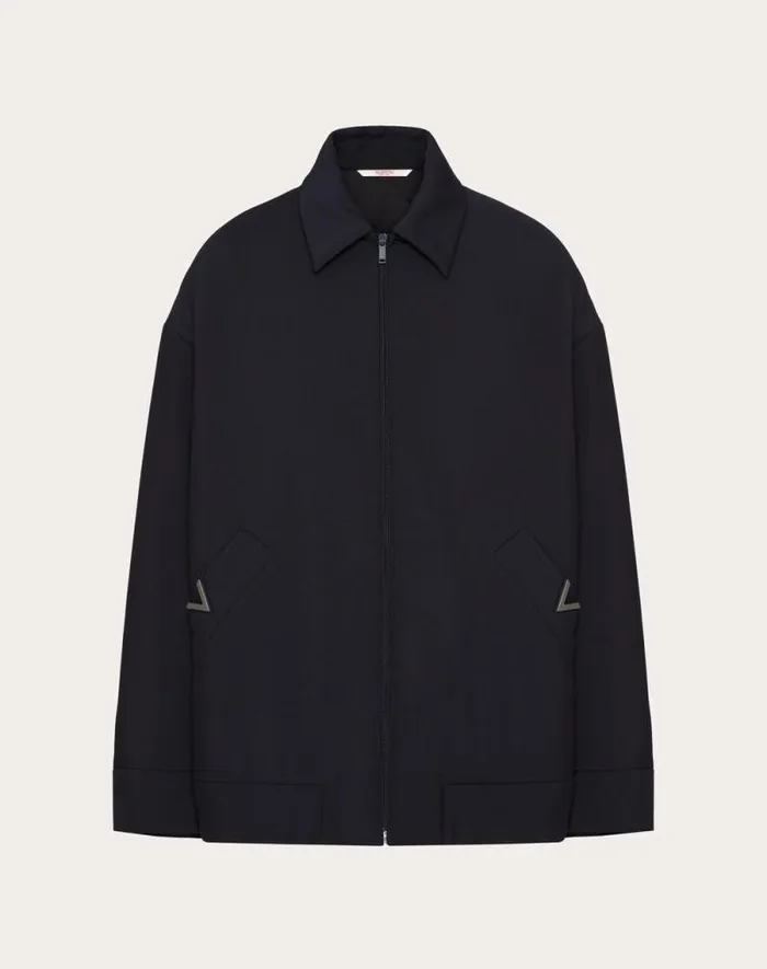 Valentino Outerwear Man Mohair Wool Pea Coat With V Detail For Man In Navy Navy Valentino Outerwear Man Mohair Wool Pea Coat With V Detail For Man In Navy Navy