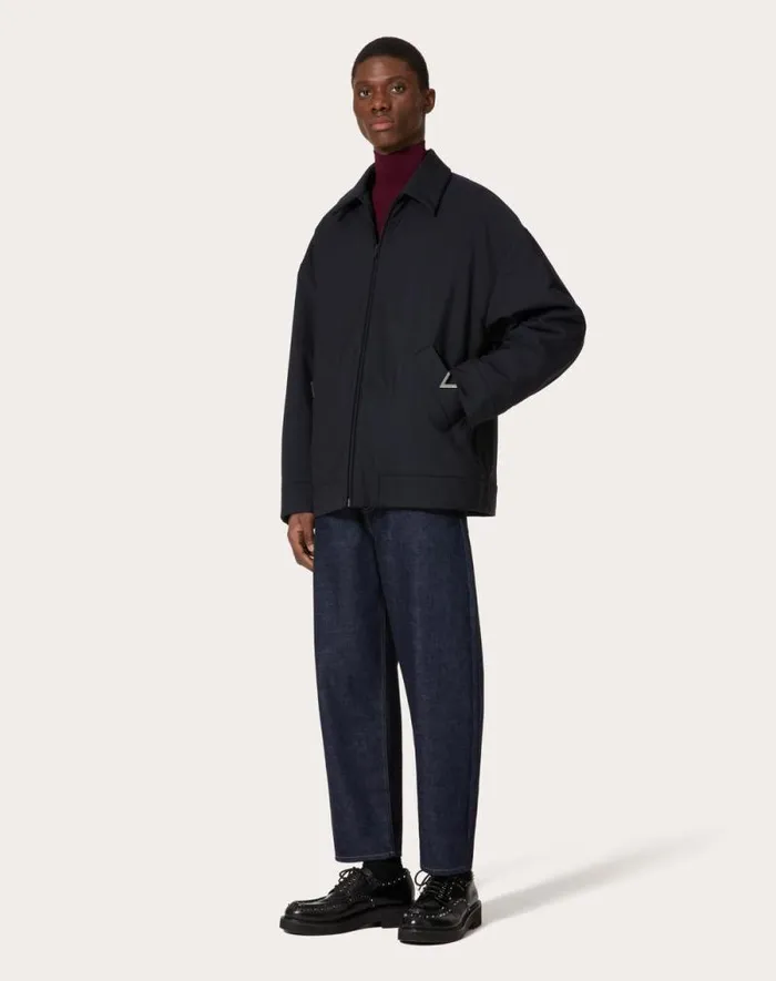 Valentino Outerwear Man Mohair Wool Pea Coat With V Detail For Man In Navy Navy Valentino Outerwear Man Mohair Wool Pea Coat With V Detail For Man In Navy Navy