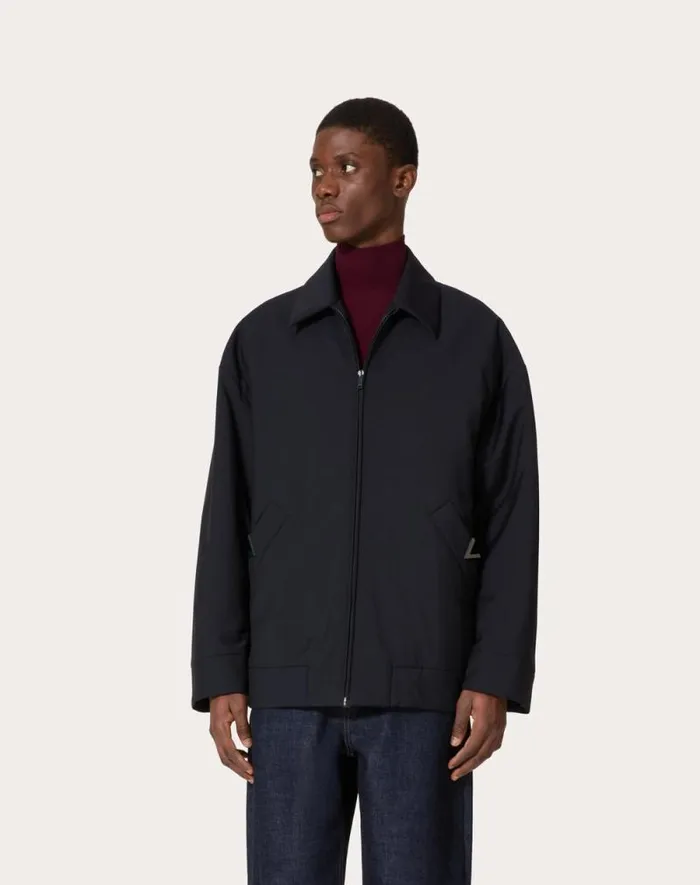 Valentino Outerwear Man Mohair Wool Pea Coat With V Detail For Man In Navy Navy Valentino Outerwear Man Mohair Wool Pea Coat With V Detail For Man In Navy Navy