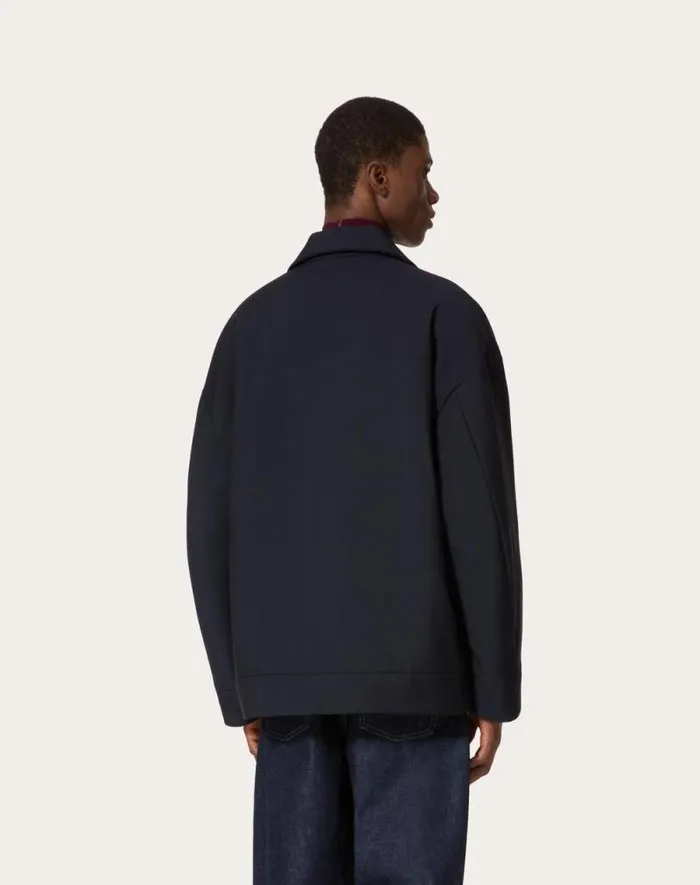 Valentino Outerwear Man Mohair Wool Pea Coat With V Detail For Man In Navy Navy Valentino Outerwear Man Mohair Wool Pea Coat With V Detail For Man In Navy Navy
