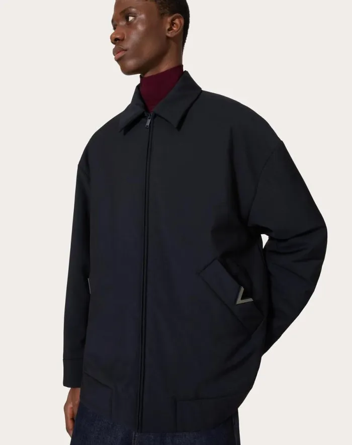 Valentino Outerwear Man Mohair Wool Pea Coat With V Detail For Man In Navy Navy Valentino Outerwear Man Mohair Wool Pea Coat With V Detail For Man In Navy Navy