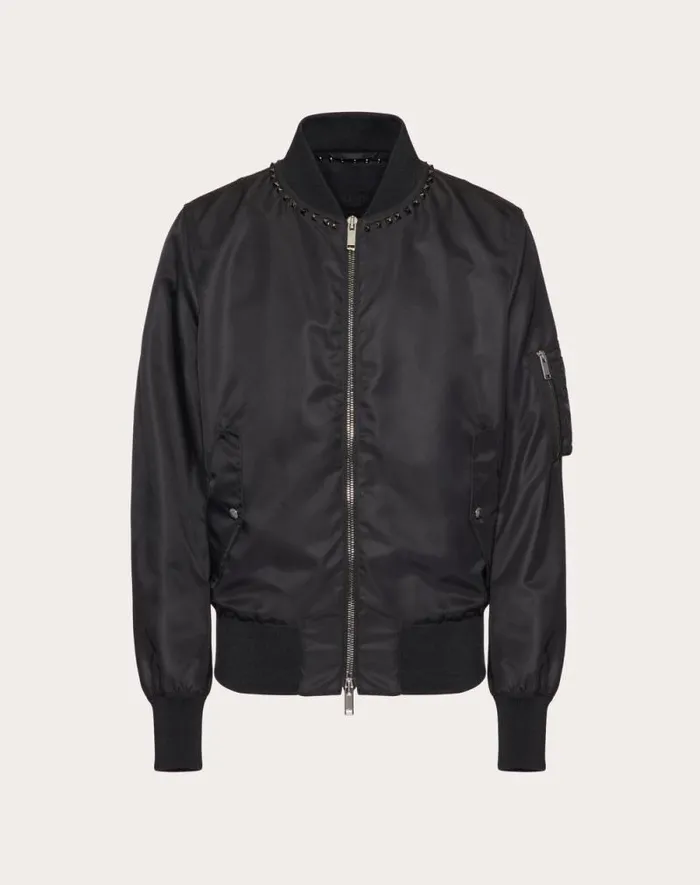 Valentino Outerwear Man Nylon Bomber Jacket With Black Untitled Studs On The Neckline For Man In Black Black Valentino Outerwear Man Nylon Bomber Jacket With Black Untitled Studs On The Neckline For Man In Black Black