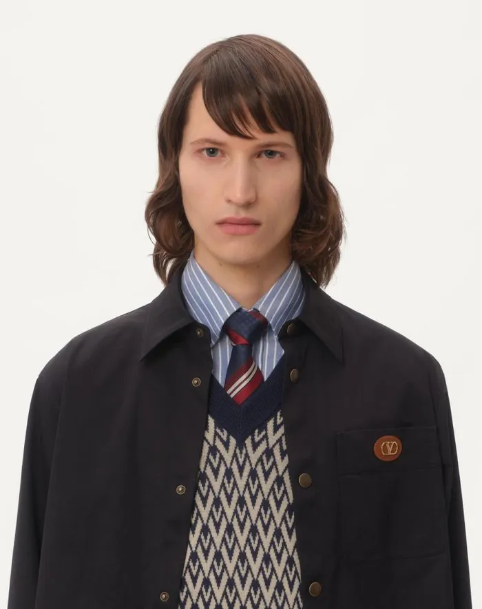 Valentino Outerwear Man Nylon Shirt Jacket With Rubberized V Detail For Man In Navy Navy Valentino Outerwear Man Nylon Shirt Jacket With Rubberized V Detail For Man In Navy Navy