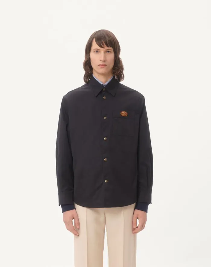 Valentino Outerwear Man Nylon Shirt Jacket With Rubberized V Detail For Man In Navy Navy Valentino Outerwear Man Nylon Shirt Jacket With Rubberized V Detail For Man In Navy Navy