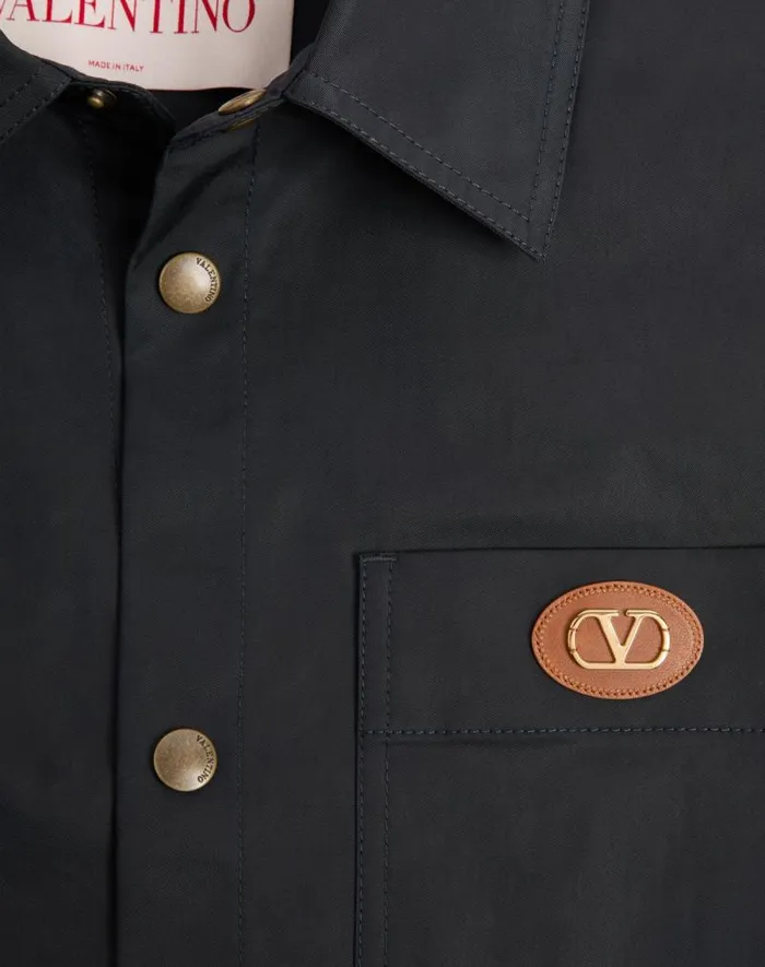 Valentino Outerwear Man Nylon Shirt Jacket With Rubberized V Detail For Man In Navy Navy Valentino Outerwear Man Nylon Shirt Jacket With Rubberized V Detail For Man In Navy Navy