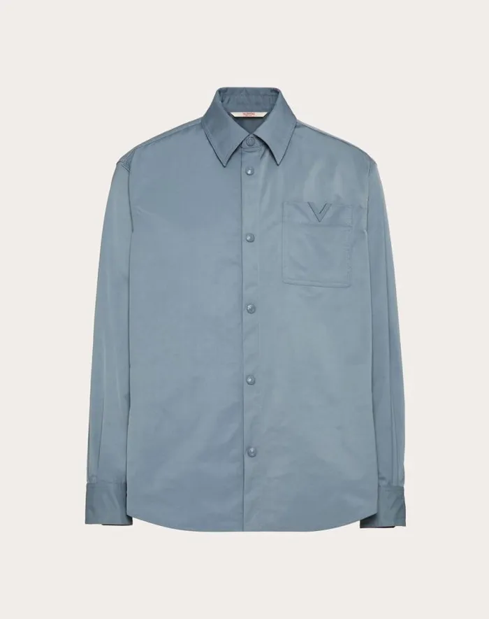 Valentino Outerwear Man Nylon Shirt Jacket With Rubberized V Detail For Man In Navy Navy Valentino Outerwear Man Nylon Shirt Jacket With Rubberized V Detail For Man In Navy Navy