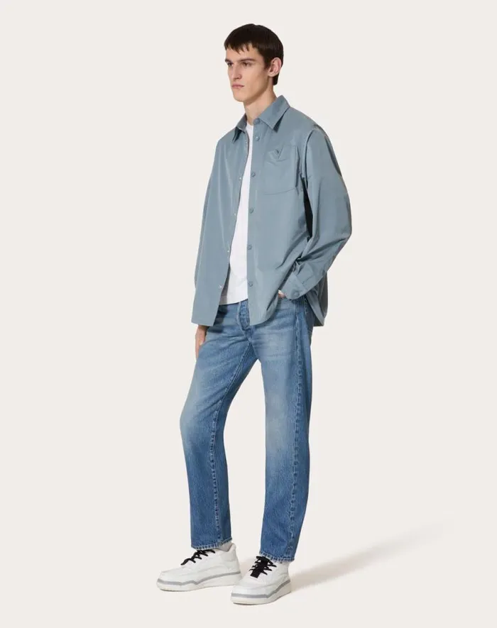 Valentino Outerwear Man Nylon Shirt Jacket With Rubberized V Detail For Man In Navy Navy Valentino Outerwear Man Nylon Shirt Jacket With Rubberized V Detail For Man In Navy Navy