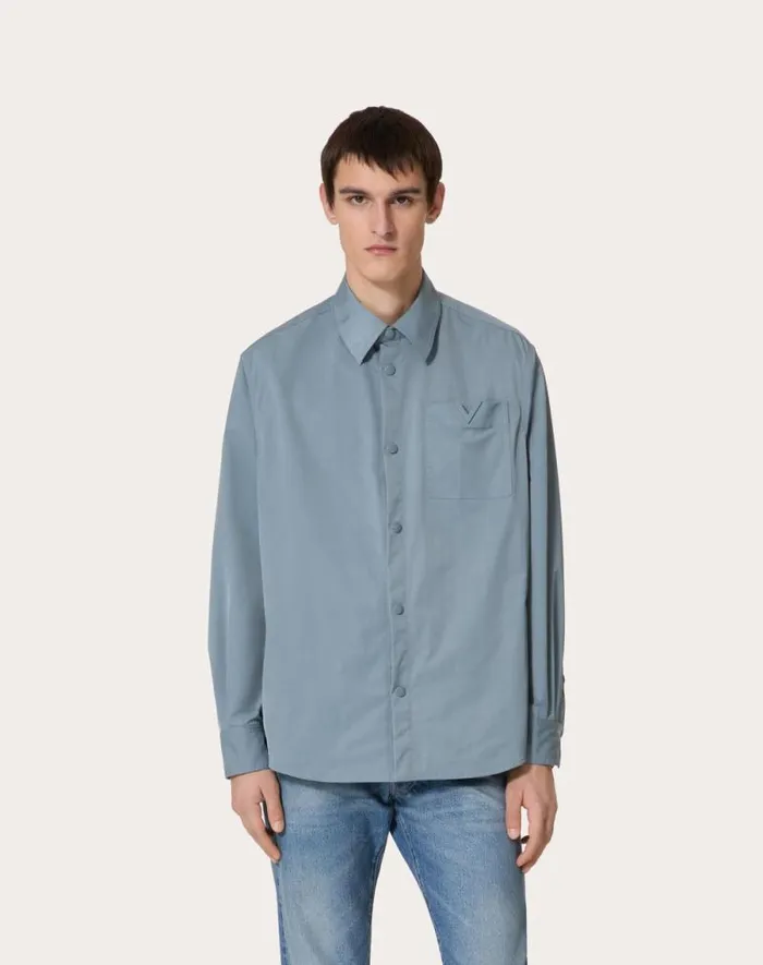 Valentino Outerwear Man Nylon Shirt Jacket With Rubberized V Detail For Man In Navy Navy Valentino Outerwear Man Nylon Shirt Jacket With Rubberized V Detail For Man In Navy Navy