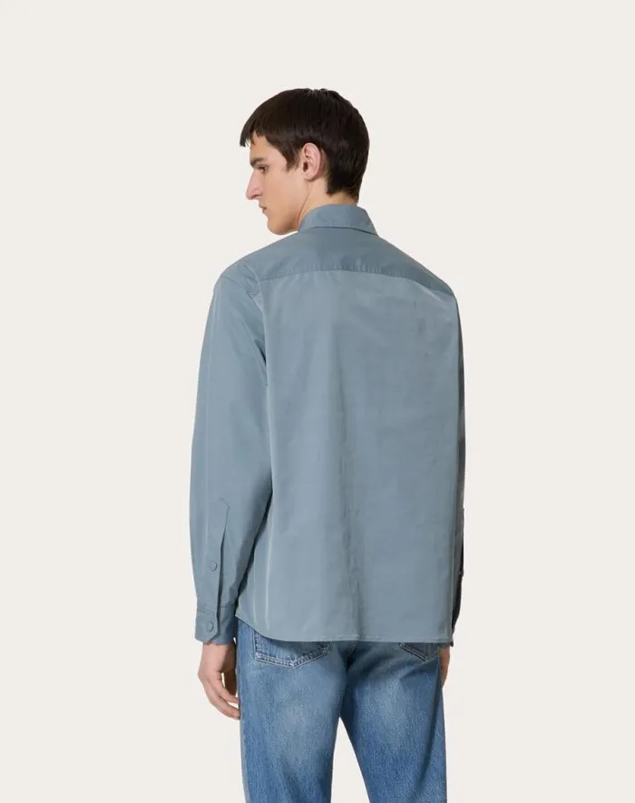 Valentino Outerwear Man Nylon Shirt Jacket With Rubberized V Detail For Man In Navy Navy Valentino Outerwear Man Nylon Shirt Jacket With Rubberized V Detail For Man In Navy Navy