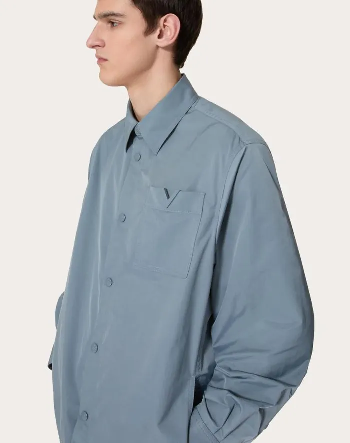 Valentino Outerwear Man Nylon Shirt Jacket With Rubberized V Detail For Man In Navy Navy Valentino Outerwear Man Nylon Shirt Jacket With Rubberized V Detail For Man In Navy Navy
