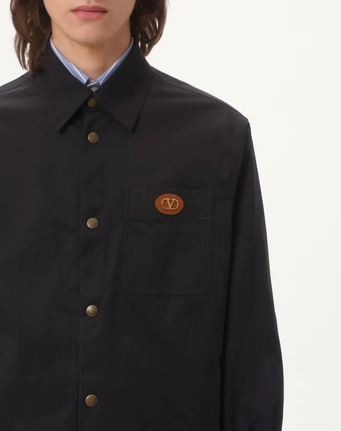 Valentino Outerwear Man Nylon Shirt Jacket With Rubberized V Detail For Man In Navy Navy Valentino Outerwear Man Nylon Shirt Jacket With Rubberized V Detail For Man In Navy Navy