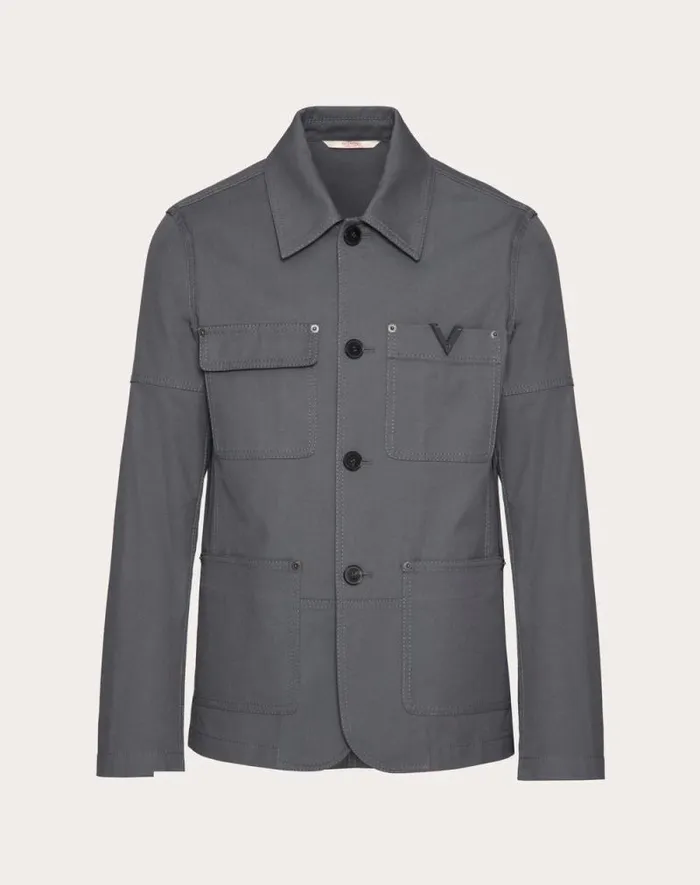 Valentino Outerwear Man Stretch Cotton Canvas Jacket With Metallic V Detail For Man In Light Grey Light Grey Valentino Outerwear Man Stretch Cotton Canvas Jacket With Metallic V Detail For Man In Light Grey Light Grey