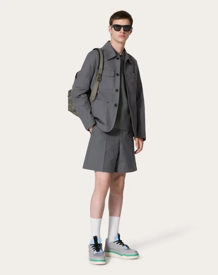 Valentino Outerwear Man Stretch Cotton Canvas Jacket With Metallic V Detail For Man In Light Grey Light Grey Valentino Outerwear Man Stretch Cotton Canvas Jacket With Metallic V Detail For Man In Light Grey Light Grey
