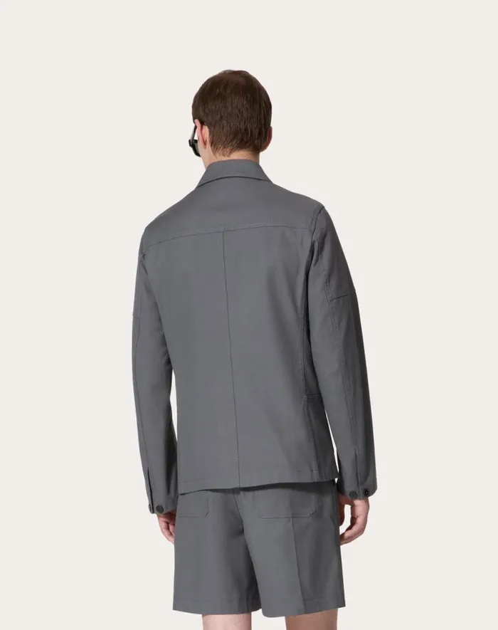Valentino Outerwear Man Stretch Cotton Canvas Jacket With Metallic V Detail For Man In Light Grey Light Grey Valentino Outerwear Man Stretch Cotton Canvas Jacket With Metallic V Detail For Man In Light Grey Light Grey