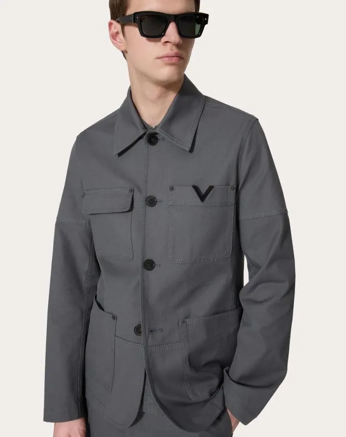 Valentino Outerwear Man Stretch Cotton Canvas Jacket With Metallic V Detail For Man In Light Grey Light Grey Valentino Outerwear Man Stretch Cotton Canvas Jacket With Metallic V Detail For Man In Light Grey Light Grey