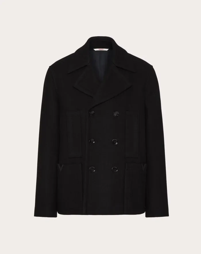Valentino Outerwear Man Technical Wool Cloth Peacoat With Rubberized V Detail For Man In Black Black Valentino Outerwear Man Technical Wool Cloth Peacoat With Rubberized V Detail For Man In Black Black