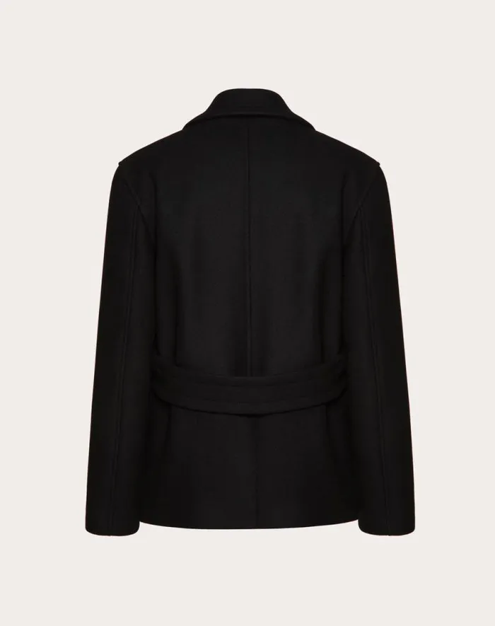 Valentino Outerwear Man Technical Wool Cloth Peacoat With Rubberized V Detail For Man In Black Black Valentino Outerwear Man Technical Wool Cloth Peacoat With Rubberized V Detail For Man In Black Black