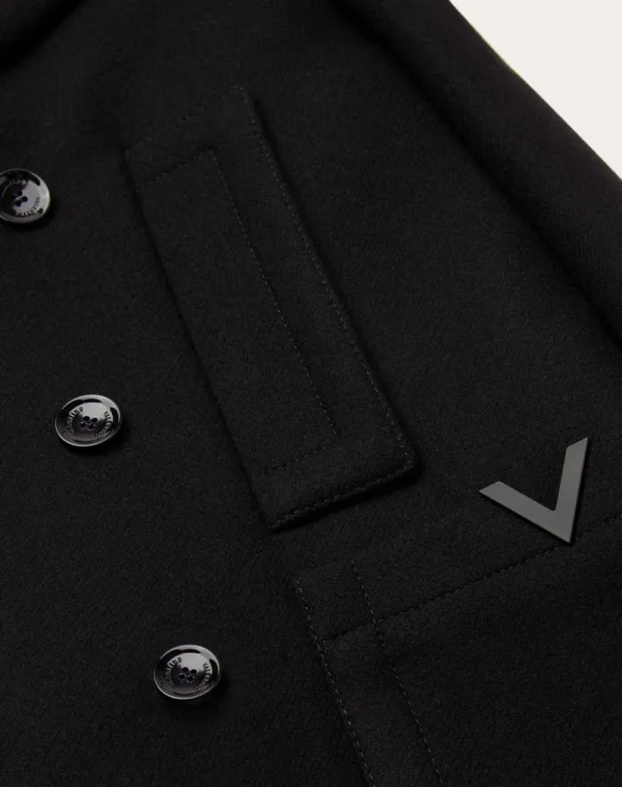 Valentino Outerwear Man Technical Wool Cloth Peacoat With Rubberized V Detail For Man In Black Black Valentino Outerwear Man Technical Wool Cloth Peacoat With Rubberized V Detail For Man In Black Black