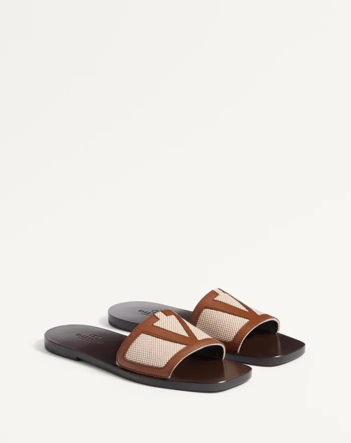 Valentino Sandals Man Viva Superstar Slide Sandal In Canvas Fabric And Nappa Leather For Man In Naturaltobacco Naturaltobacco Valentino Sandals Man Viva Superstar Slide Sandal In Canvas Fabric And Nappa Leather For Man In Naturaltobacco Naturaltobacco