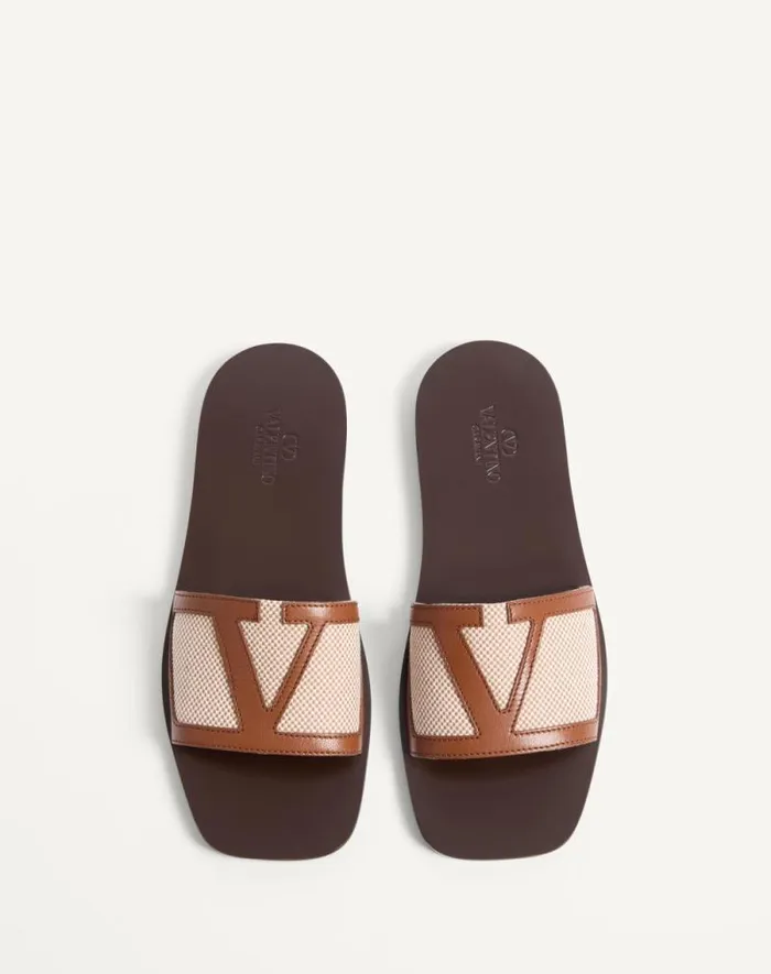 Valentino Sandals Man Viva Superstar Slide Sandal In Canvas Fabric And Nappa Leather For Man In Naturaltobacco Naturaltobacco Valentino Sandals Man Viva Superstar Slide Sandal In Canvas Fabric And Nappa Leather For Man In Naturaltobacco Naturaltobacco