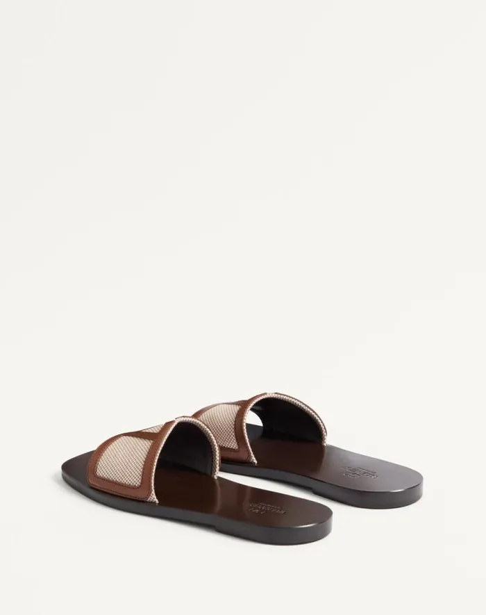 Valentino Sandals Man Viva Superstar Slide Sandal In Canvas Fabric And Nappa Leather For Man In Naturaltobacco Naturaltobacco Valentino Sandals Man Viva Superstar Slide Sandal In Canvas Fabric And Nappa Leather For Man In Naturaltobacco Naturaltobacco