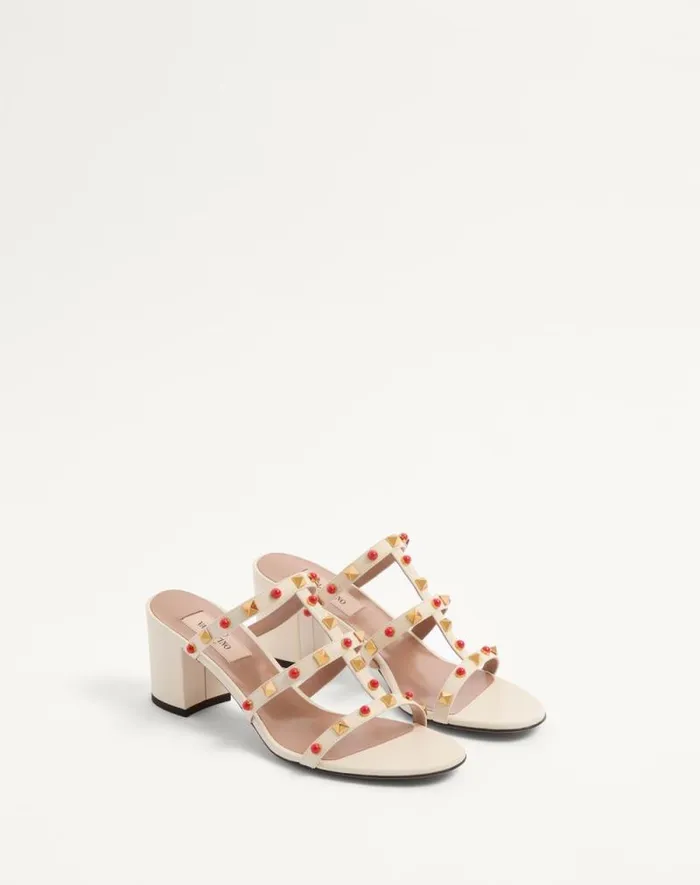 Valentino Sandals Woman Rockstud Slide Sandal In Calfskin With Cabochon Stones 60mm For Woman In Ivorycoral Ivorycoral Valentino Sandals Woman Rockstud Slide Sandal In Calfskin With Cabochon Stones 60mm For Woman In Ivorycoral Ivorycoral