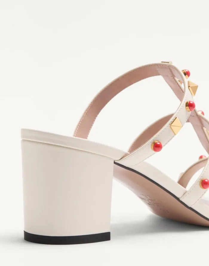 Valentino Sandals Woman Rockstud Slide Sandal In Calfskin With Cabochon Stones 60mm For Woman In Ivorycoral Ivorycoral Valentino Sandals Woman Rockstud Slide Sandal In Calfskin With Cabochon Stones 60mm For Woman In Ivorycoral Ivorycoral
