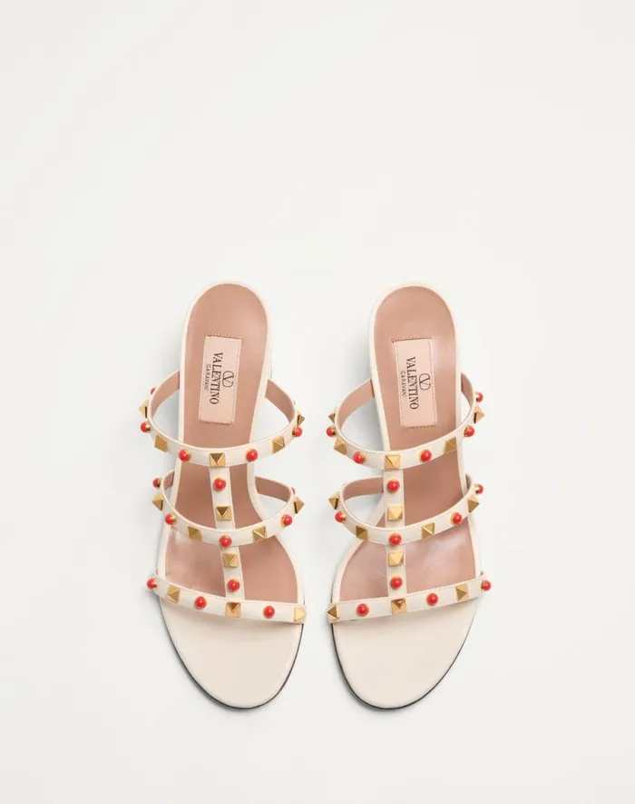 Valentino Sandals Woman Rockstud Slide Sandal In Calfskin With Cabochon Stones 60mm For Woman In Ivorycoral Ivorycoral Valentino Sandals Woman Rockstud Slide Sandal In Calfskin With Cabochon Stones 60mm For Woman In Ivorycoral Ivorycoral