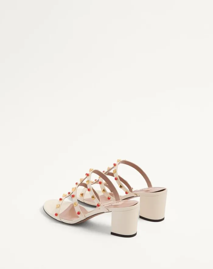 Valentino Sandals Woman Rockstud Slide Sandal In Calfskin With Cabochon Stones 60mm For Woman In Ivorycoral Ivorycoral Valentino Sandals Woman Rockstud Slide Sandal In Calfskin With Cabochon Stones 60mm For Woman In Ivorycoral Ivorycoral