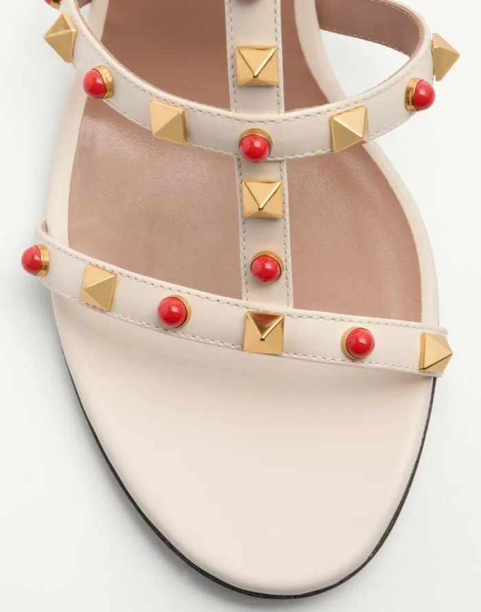 Valentino Sandals Woman Rockstud Slide Sandal In Calfskin With Cabochon Stones 60mm For Woman In Ivorycoral Ivorycoral Valentino Sandals Woman Rockstud Slide Sandal In Calfskin With Cabochon Stones 60mm For Woman In Ivorycoral Ivorycoral