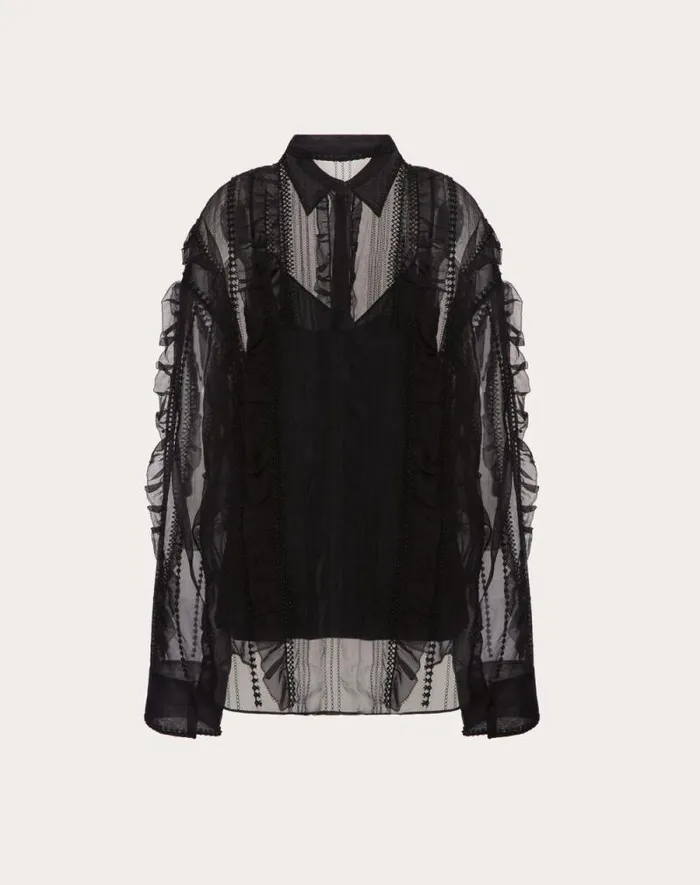 Valentino Shirts And Tops Woman Embroidered Organza Shirt For Woman In Black Black Valentino Shirts And Tops Woman Embroidered Organza Shirt For Woman In Black Black