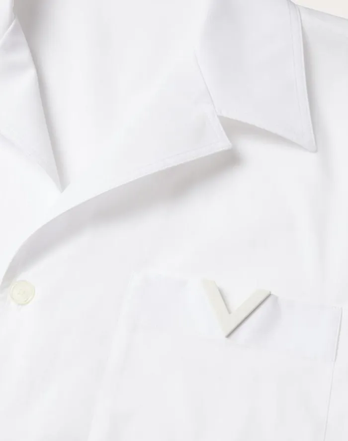 Valentino Shirts Man Cotton Poplin Bowling Shirt With Rubberized V Detail For Man In White White Valentino Shirts Man Cotton Poplin Bowling Shirt With Rubberized V Detail For Man In White White