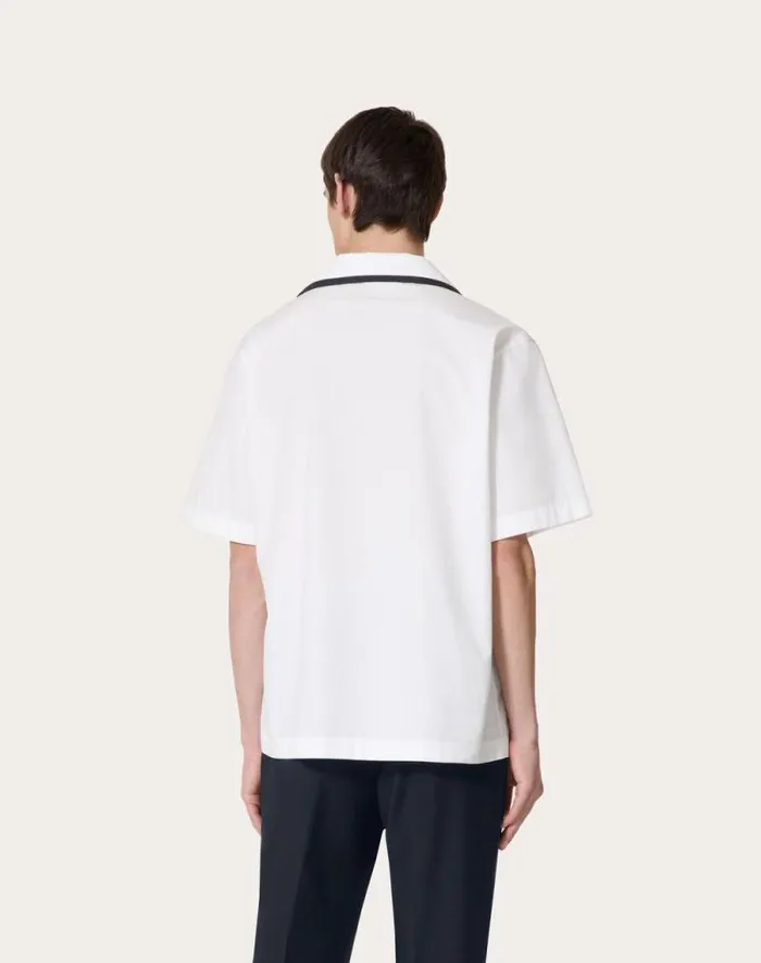 Valentino Shirts Man Cotton Poplin Bowling Shirt With Rubberized V Detail For Man In White White Valentino Shirts Man Cotton Poplin Bowling Shirt With Rubberized V Detail For Man In White White