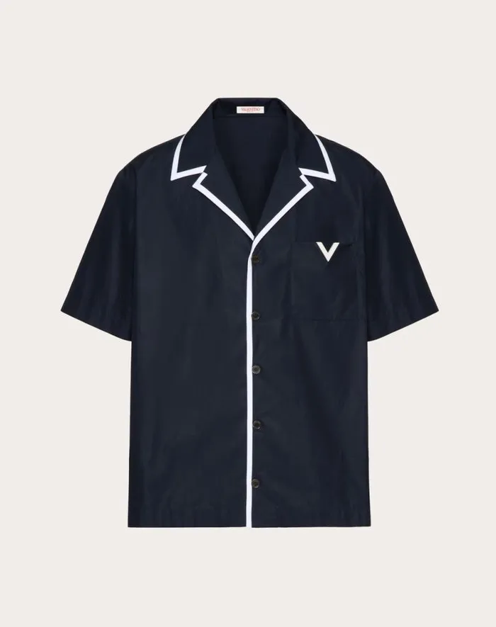 Valentino Shirts Man Cotton Poplin Bowling Shirt With Rubberized V Detail For Man In White White Valentino Shirts Man Cotton Poplin Bowling Shirt With Rubberized V Detail For Man In White White