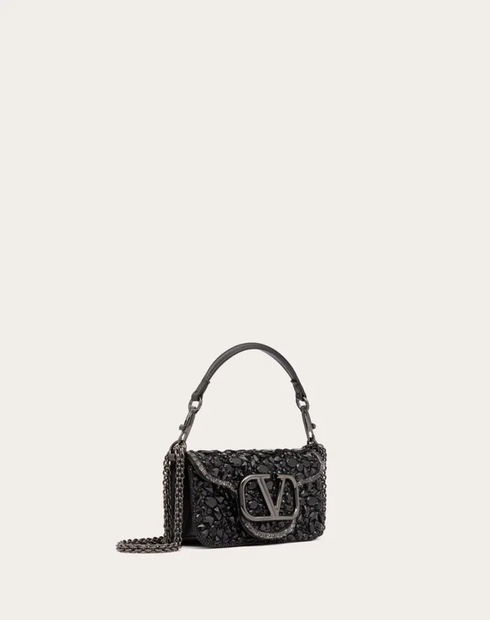 Valentino Shoulder Bags Woman Small Valentino Garavani Loc Shoulder Bag With Crystals For Woman In Black Black