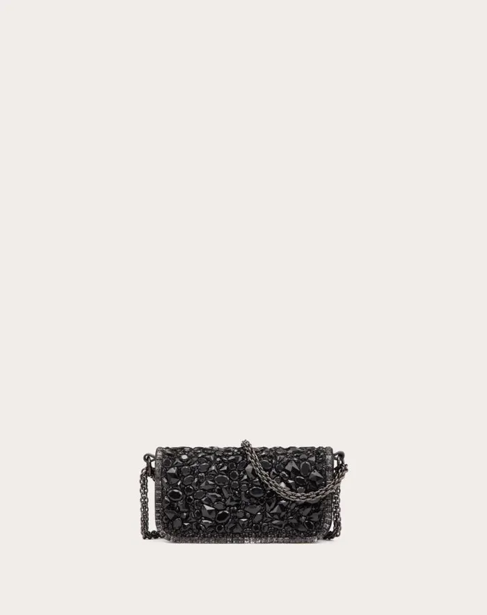 Valentino Shoulder Bags Woman Small Valentino Garavani Loc Shoulder Bag With Crystals For Woman In Black Black
