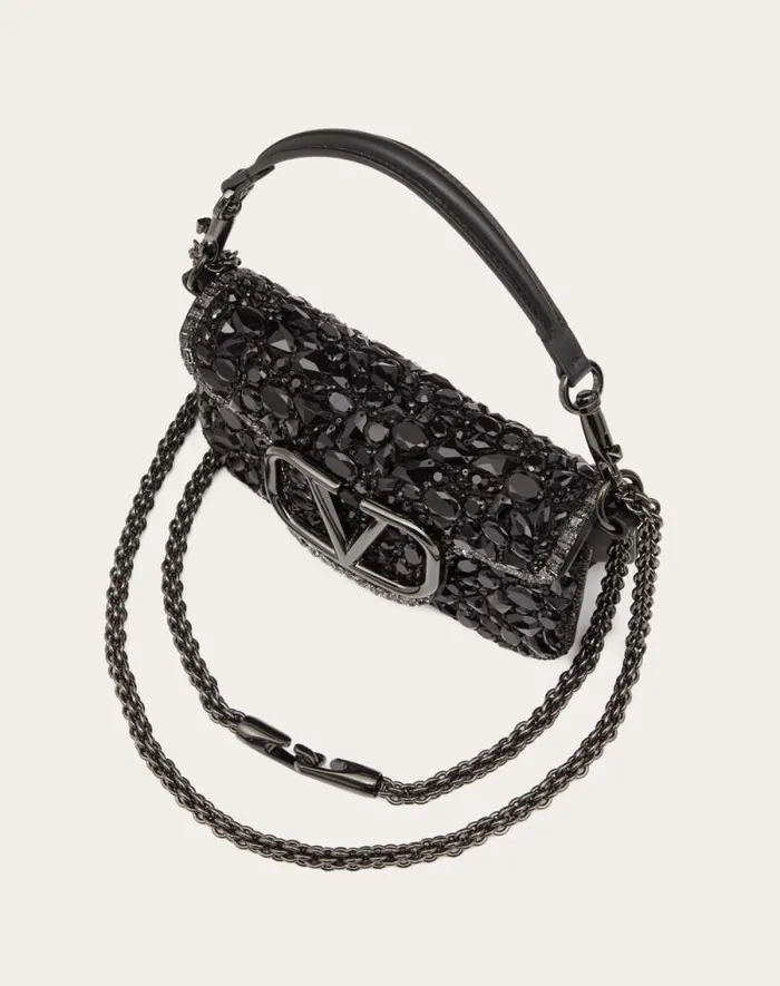 Valentino Shoulder Bags Woman Small Valentino Garavani Loc Shoulder Bag With Crystals For Woman In Black Black