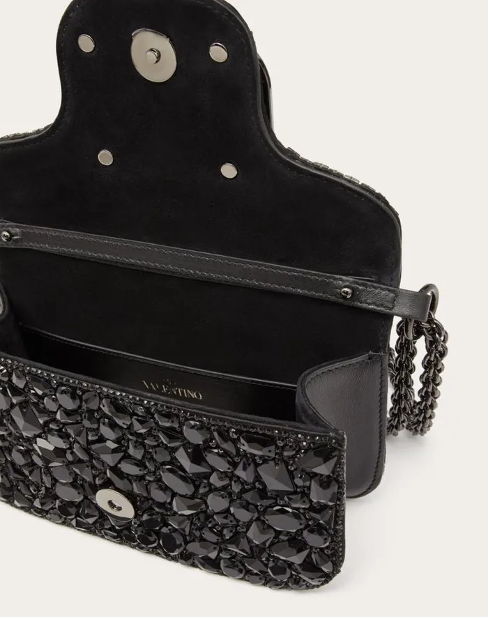 Valentino Shoulder Bags Woman Small Valentino Garavani Loc Shoulder Bag With Crystals For Woman In Black Black