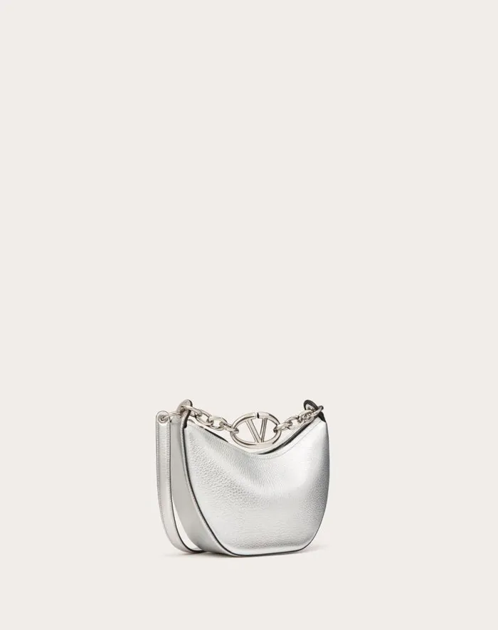 Valentino Shoulder Bags Woman Vlogo Moon Mini Hobo Bag In Metallic Grainy Calfskin With Chain For Woman In Silver Silver Valentino Shoulder Bags Woman Vlogo Moon Mini Hobo Bag In Metallic Grainy Calfskin With Chain For Woman In Silver Silver