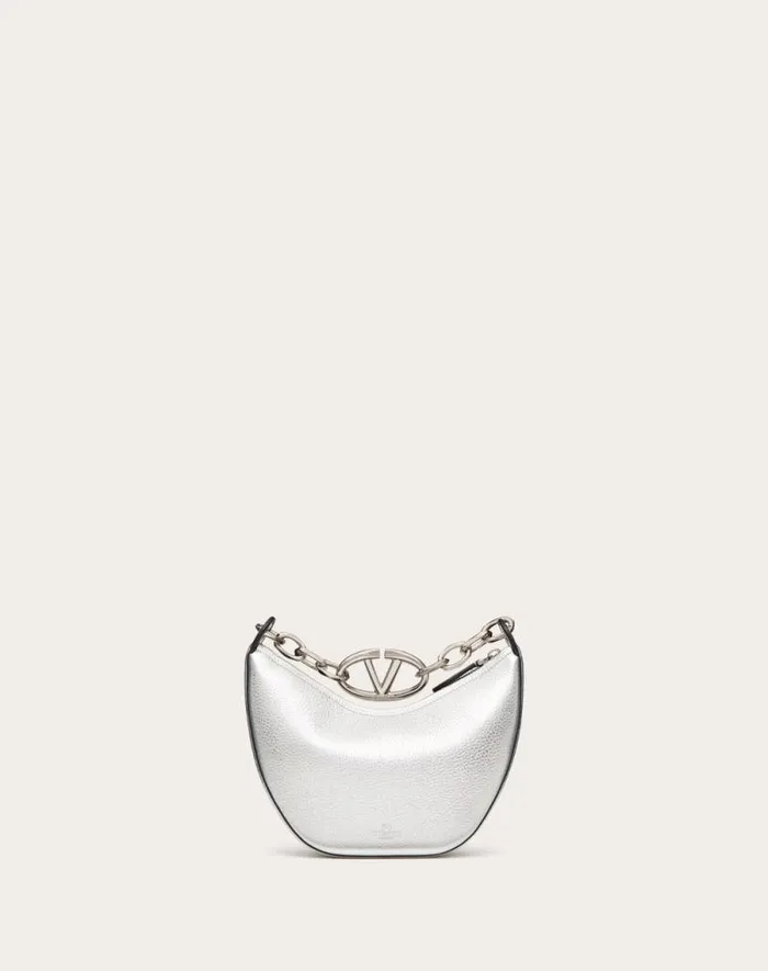 Valentino Shoulder Bags Woman Vlogo Moon Mini Hobo Bag In Metallic Grainy Calfskin With Chain For Woman In Silver Silver Valentino Shoulder Bags Woman Vlogo Moon Mini Hobo Bag In Metallic Grainy Calfskin With Chain For Woman In Silver Silver