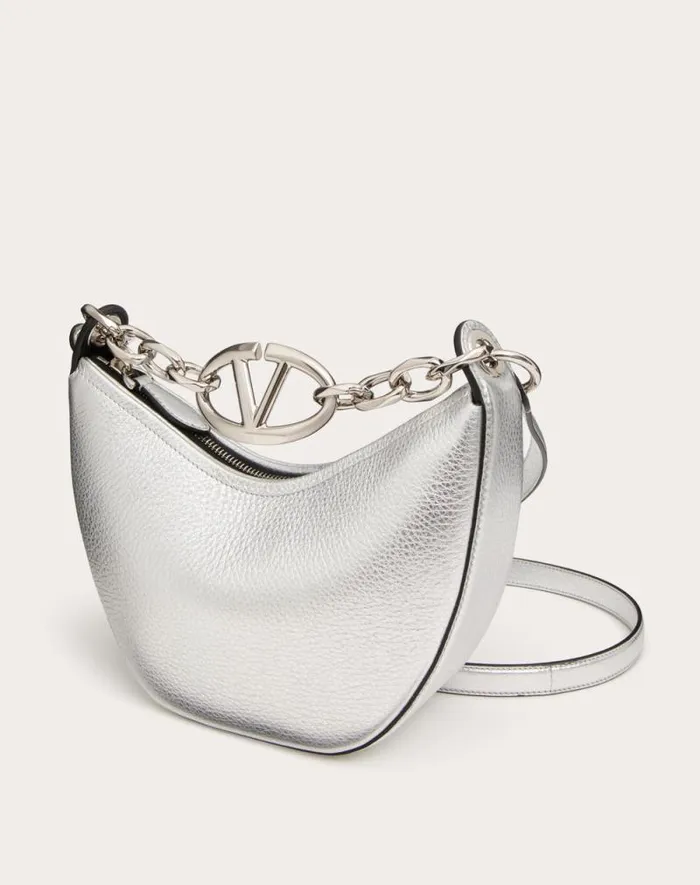 Valentino Shoulder Bags Woman Vlogo Moon Mini Hobo Bag In Metallic Grainy Calfskin With Chain For Woman In Silver Silver Valentino Shoulder Bags Woman Vlogo Moon Mini Hobo Bag In Metallic Grainy Calfskin With Chain For Woman In Silver Silver