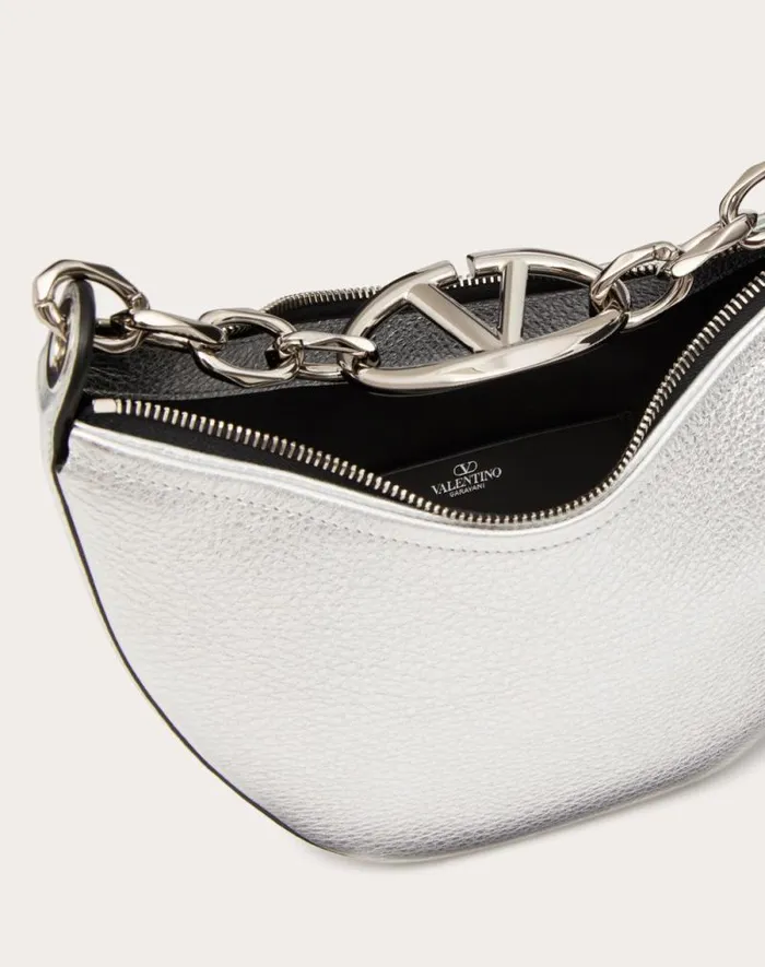 Valentino Shoulder Bags Woman Vlogo Moon Mini Hobo Bag In Metallic Grainy Calfskin With Chain For Woman In Silver Silver Valentino Shoulder Bags Woman Vlogo Moon Mini Hobo Bag In Metallic Grainy Calfskin With Chain For Woman In Silver Silver