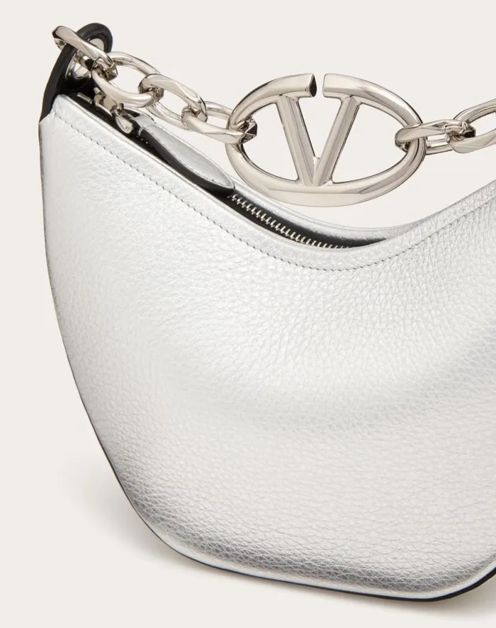 Valentino Shoulder Bags Woman Vlogo Moon Mini Hobo Bag In Metallic Grainy Calfskin With Chain For Woman In Silver Silver Valentino Shoulder Bags Woman Vlogo Moon Mini Hobo Bag In Metallic Grainy Calfskin With Chain For Woman In Silver Silver