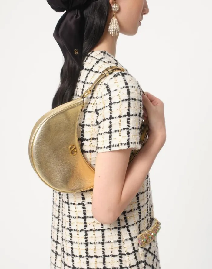 Valentino Shoulder Bags Woman Vlogo Signature Mini Hobo Bag In Laminated Grainy Calfskin For Woman In Antique Brass Antique Brass