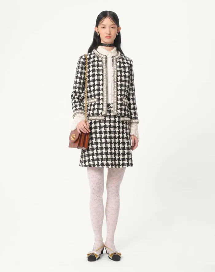 Valentino Skirts Woman Embroidered Damier Light Tweed Skirt For Woman In Ivoryblack Ivoryblack Valentino Skirts Woman Embroidered Damier Light Tweed Skirt For Woman In Ivoryblack Ivoryblack