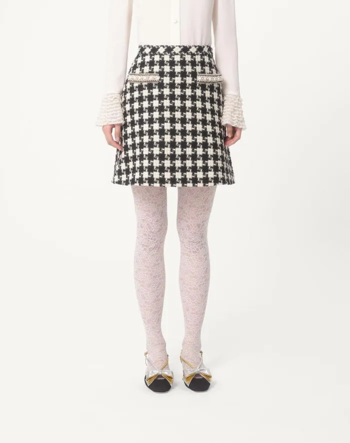 Valentino Skirts Woman Embroidered Damier Light Tweed Skirt For Woman In Ivoryblack Ivoryblack Valentino Skirts Woman Embroidered Damier Light Tweed Skirt For Woman In Ivoryblack Ivoryblack