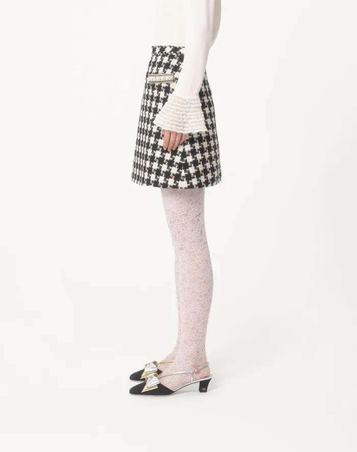 Valentino Skirts Woman Embroidered Damier Light Tweed Skirt For Woman In Ivoryblack Ivoryblack Valentino Skirts Woman Embroidered Damier Light Tweed Skirt For Woman In Ivoryblack Ivoryblack
