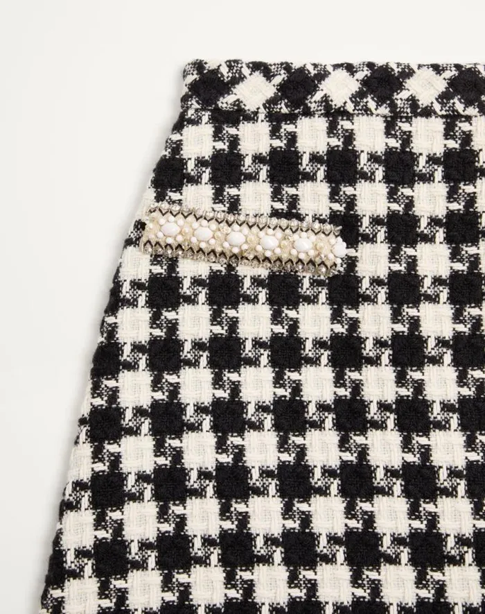 Valentino Skirts Woman Embroidered Damier Light Tweed Skirt For Woman In Ivoryblack Ivoryblack Valentino Skirts Woman Embroidered Damier Light Tweed Skirt For Woman In Ivoryblack Ivoryblack