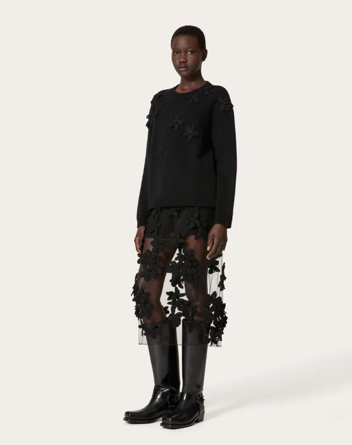 Valentino Skirts Woman Tulle Illusione Embroidered Midi Skirt For Woman In Black Black